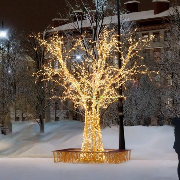 Светодиодное дерево Ветвистое золотое со скамейкой 5.3 м., (PL31-i61)
