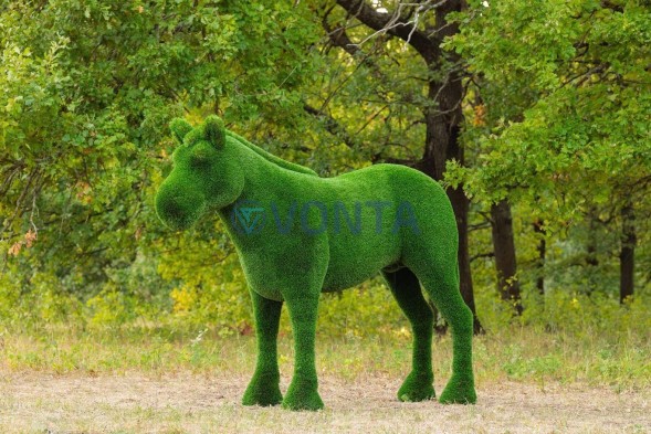 Топиари композиция конь Багги с телегой — газон Deluxe + Eco