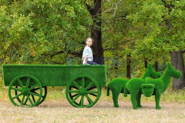 Топиари композиция ослики с телегой — газон Eco