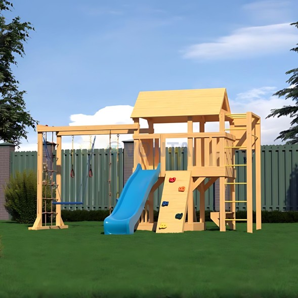 Детская деревянная игровая площадка для улицы дачи CustWood Scout S10 с большой деревянной крышей