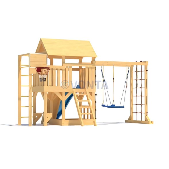 Детская деревянная игровая площадка для улицы дачи CustWood Scout S10 с большой деревянной крышей