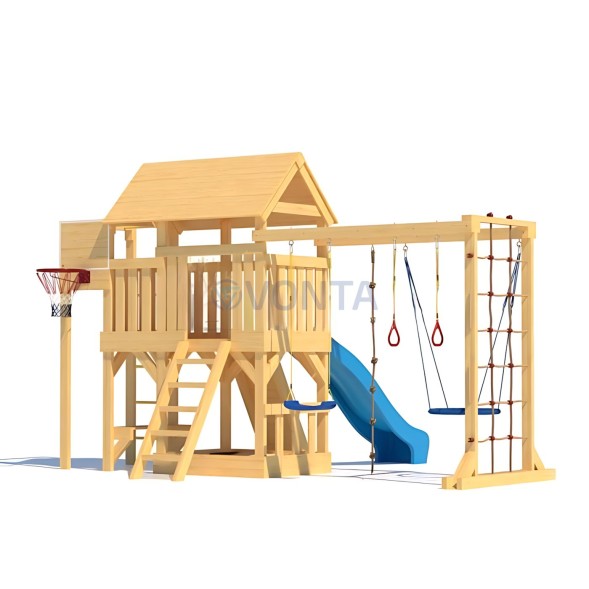 Детская деревянная игровая площадка для улицы дачи CustWood Scout S10 с большой деревянной крышей