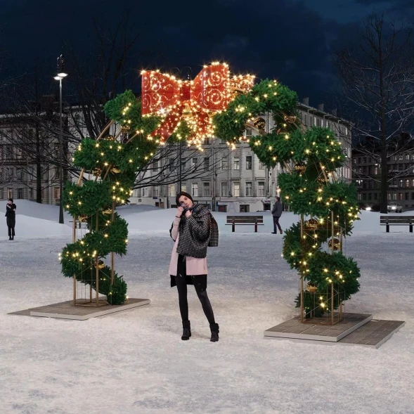 Хвойная арка со светодиодными бантами 5.04*3.25 м., (ARK-030-1001)