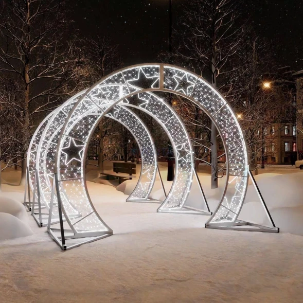 Светодиодный тоннель Серебряные звезды из 3 арок 3.8*3.3 м., холодный-белый, (KMP-502)