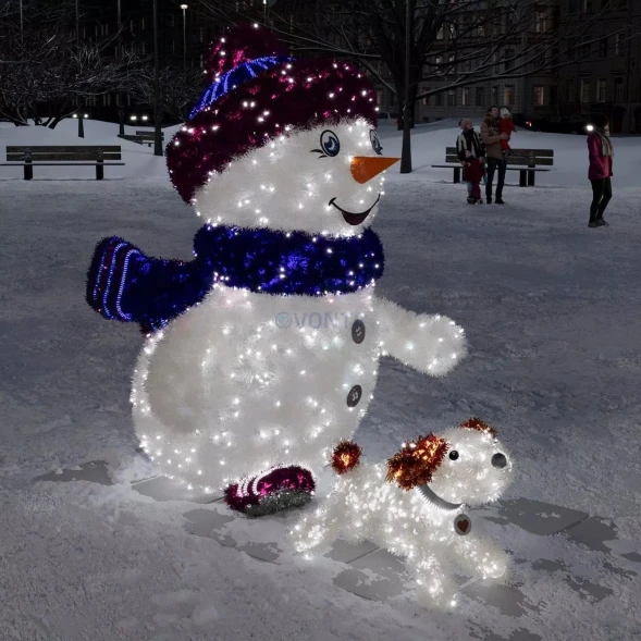 Светодиодная фигура из мишуры Снеговик на прогулке с Шариком 2.07 м., (3DGR810)