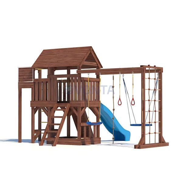 Детская деревянная игровая площадка для улицы дачи CustWood Scout SC10 с большой деревянной крышей