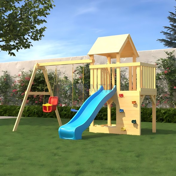 Детская деревянная игровая площадка для улицы дачи CustWood Scout S3 с деревянной крышей