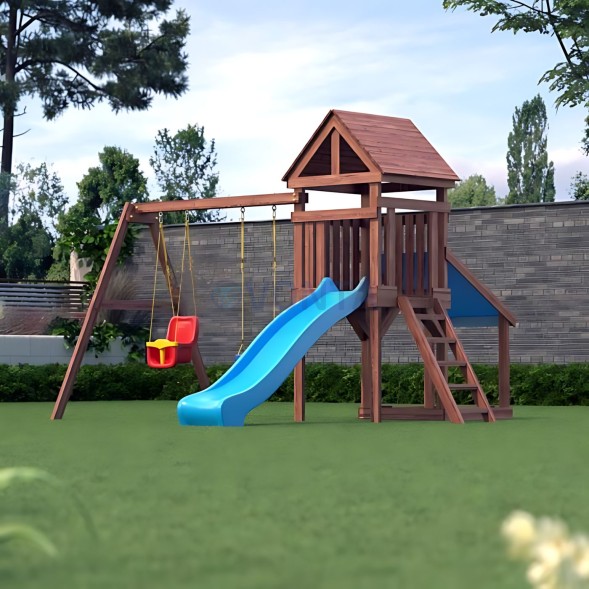 Детская деревянная игровая площадка для улицы дачи CustWood Scout SC6 с деревянной крышей